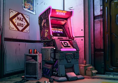 An animated arcade machine in a grey room. An animated arcade machine in a grey room.